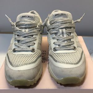 Jimmy Choo Women’s Java Mixed Leather White & Glitter Walking Sneaker 39